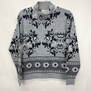 Vintage Diane Von Furstenberg‎ Ski Sweater Double Mock Neck Knit Floral Cabin